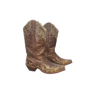 Twisted X Brown Leather Western Embroidered Heeled Boots with Gold Accents